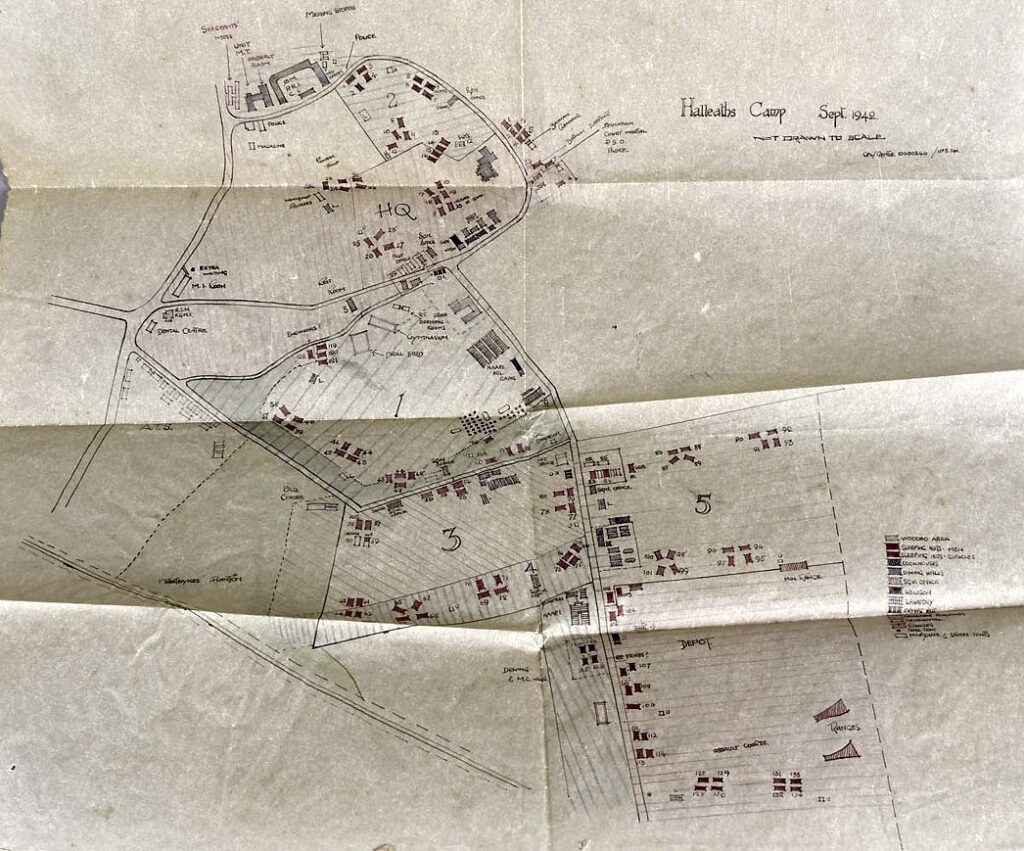 Picture 9 is a copy of a hand drawn plan, not to scale, of the camp in September 1942 – the plan does not show the POW camp. The plan, may have been compiled before construction of the POW camp. Unfortunately the plan was sold, at auction, to private buyer. Only this poor copy is available from the auction site.